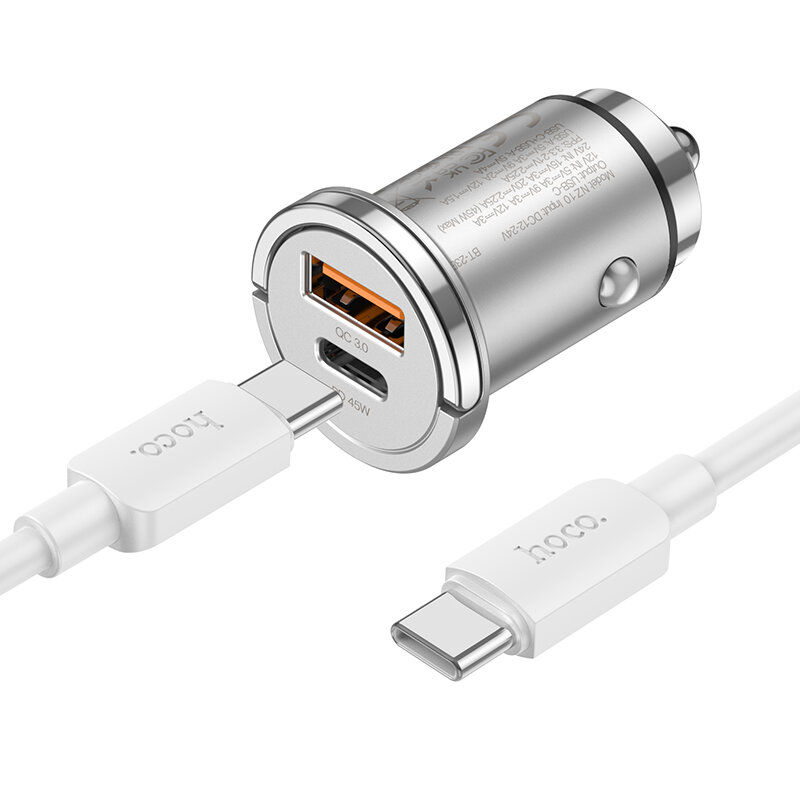 АЗУ, 1 USB QC3.0+1 PD 45W (NZ10), HOCO, кабель Type-C to Type-C, серебряный
