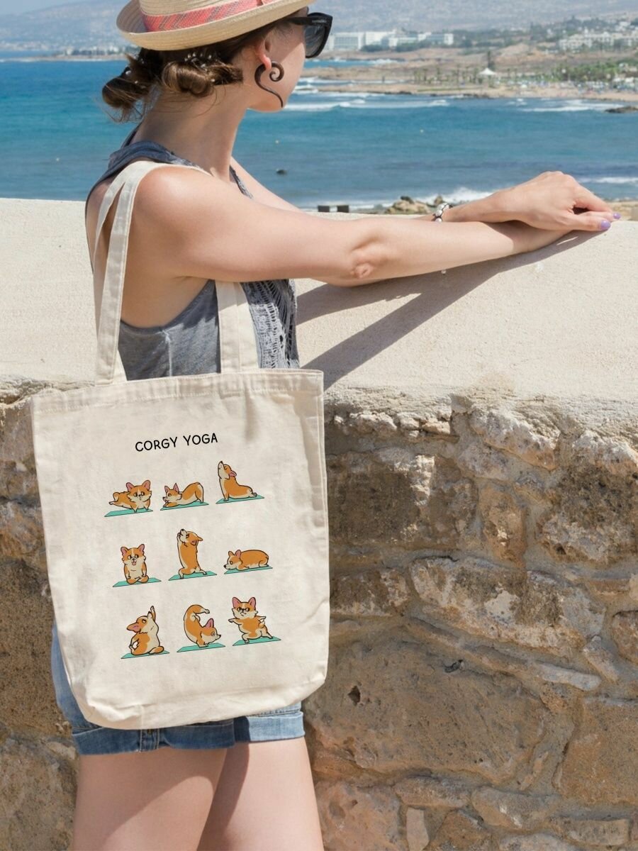 фото Сумка шоппер хлопок премиум пес милый корги в бабочке