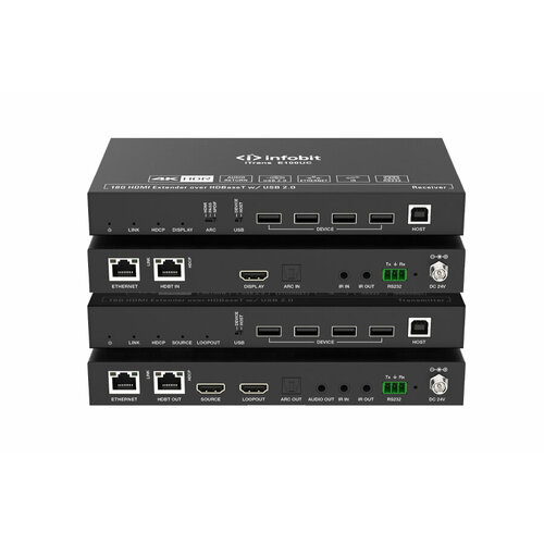 Удлинитель сигнала HDMI Infobit [iTrans E100UC] USB по витой паре до 100 метров, поддержка 4К60, HDBT 3.0