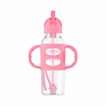 Бутылочка-поильник Dr. Brown's с узким горлышком с силиконовой трубочкой и грузиком 250 мл, с ручками, Розовая - изображение