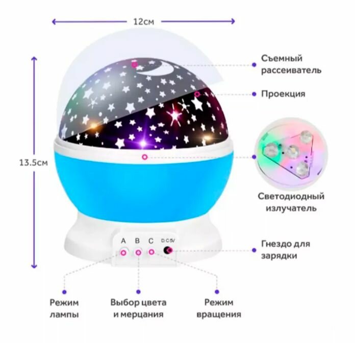 Ночник проектор звездное небо для детей вращающийся подарок, голубой - фотография № 9