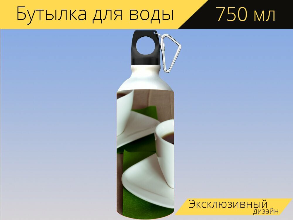 Бутылка фляга для воды "Чай, чашка, зеленый" 750 мл. с карабином и принтом