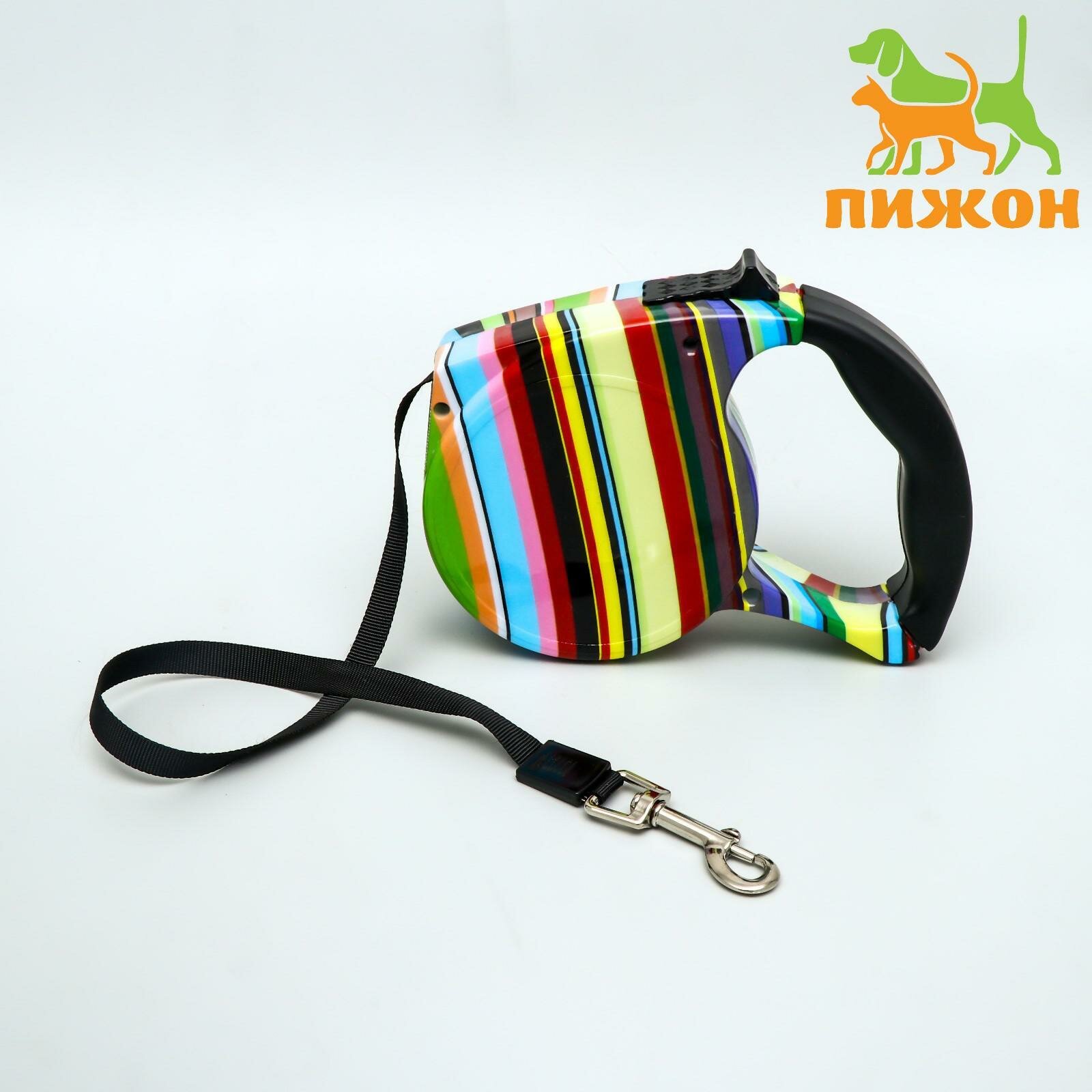 фото Рулетка с поводком-лентой, резиновая ручка, 5 м, вес животного до 15 кг, полосатая