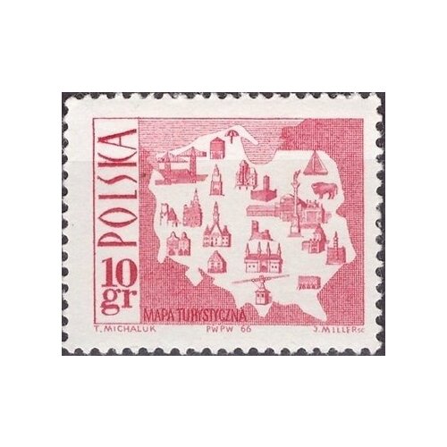 (1966-054) Марка Польша Карта Туризм II Θ 1966 055 марка польша маяк туризм ii θ