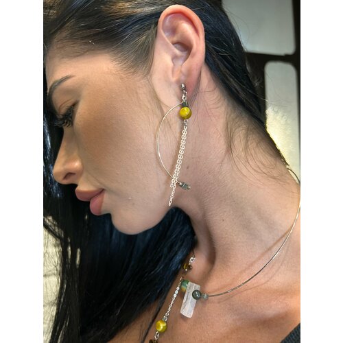 Комплект серег MaRo, агат, пирит, размер/диаметр 80 мм., коричневый, зеленый