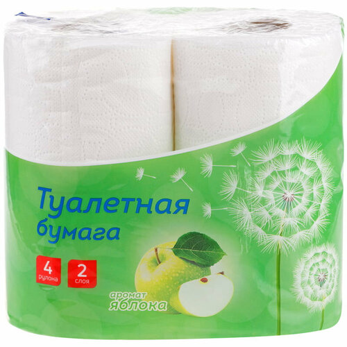 Туалетная бумага Officeclean Яблоко, белая, 2 слоя, 4 рулона