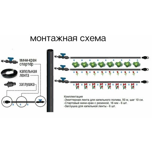 Комплект капельного полива для системы автополива с фитингами и капельной лентой 50 метров, шаг 10 см.