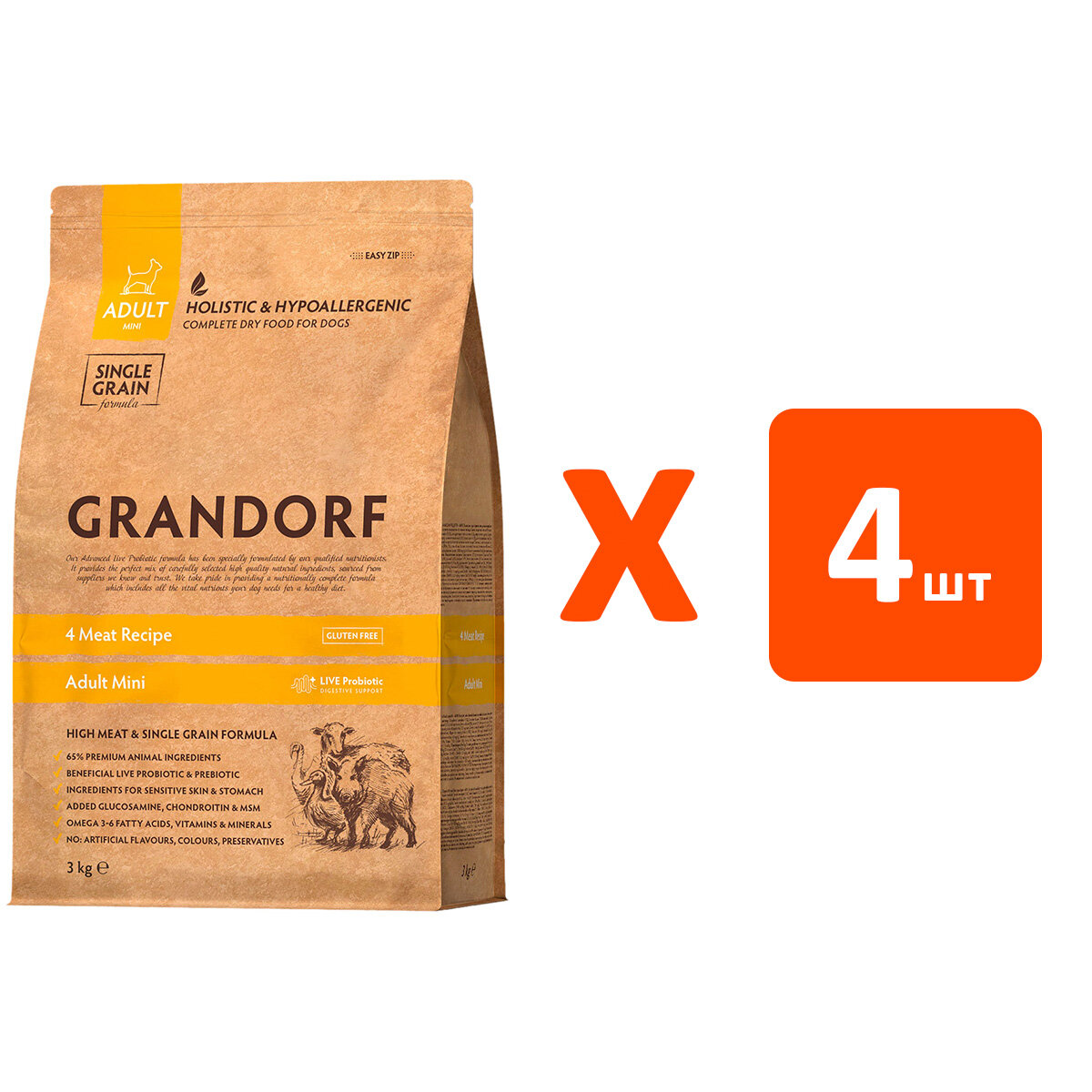 GRANDORF SINGLE GRAIN DOG ADULT MINI 4 MEAT RECIPE низкозерновой взрослые собаки маленьких пород 4 вида мяса ягненок,индейка,утка,кабан (3 кг х 4 шт)
