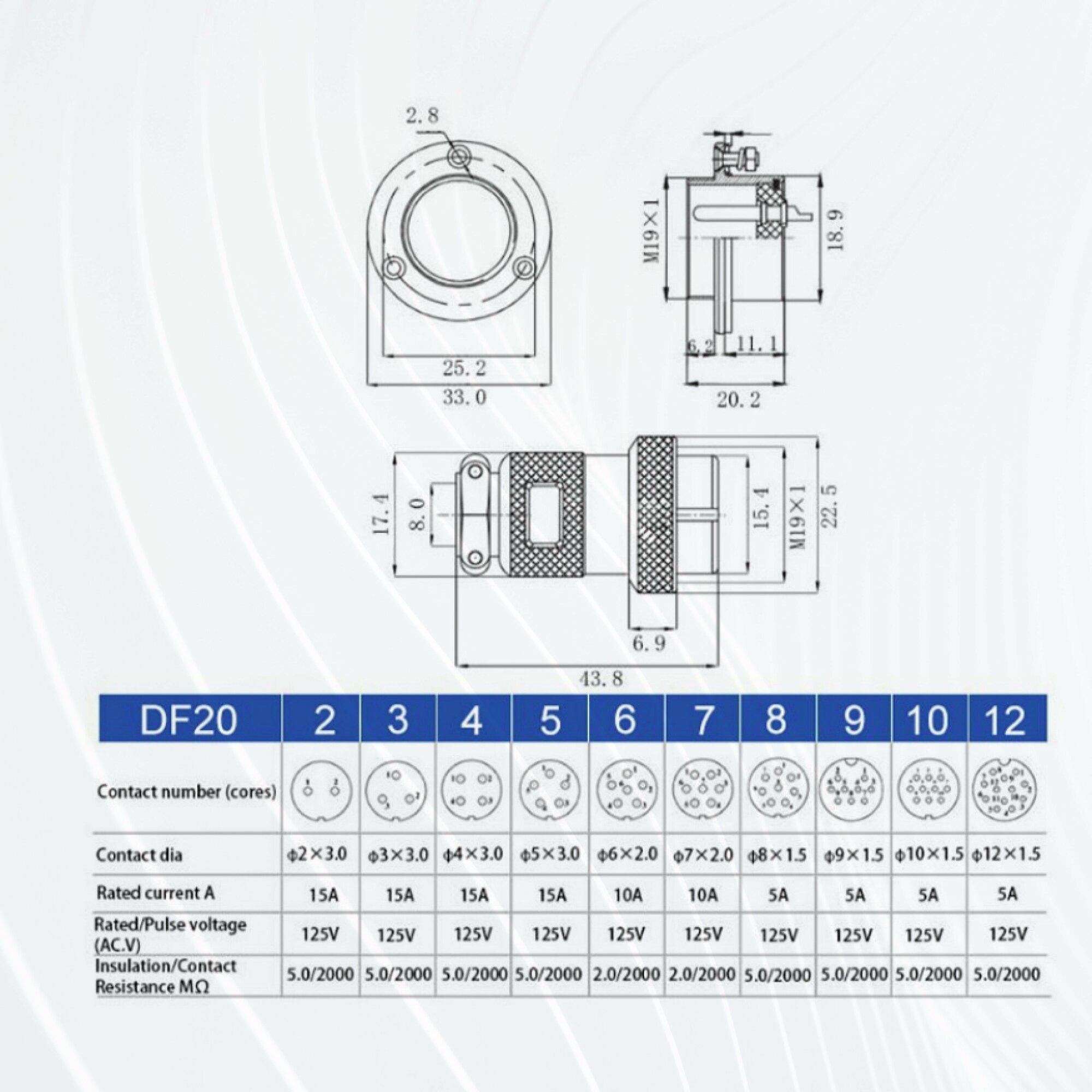 Авиационный разъем GX20 штекер + гнездо с фланцем (DF20, 7 pin, папа+мама, комплект 3 пары) — фото 1