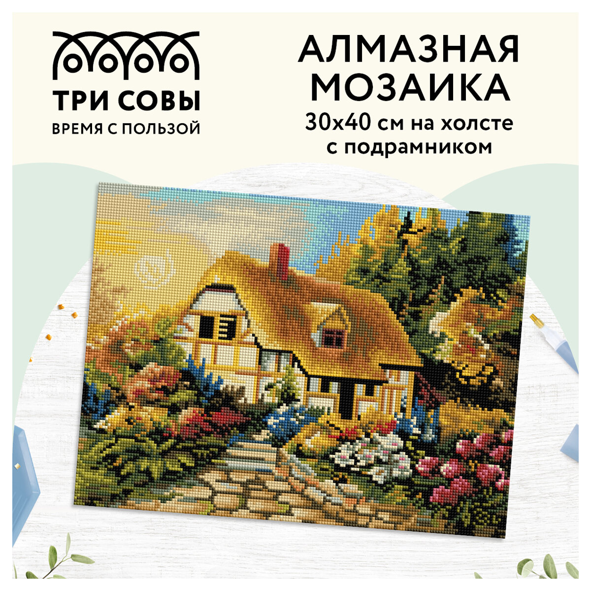 Алмазная мозаика ТРИ совы "Сказочная избушка", 30*40см, холст на деревянном подрамнике, картонная коробка с пластиковой ручкой