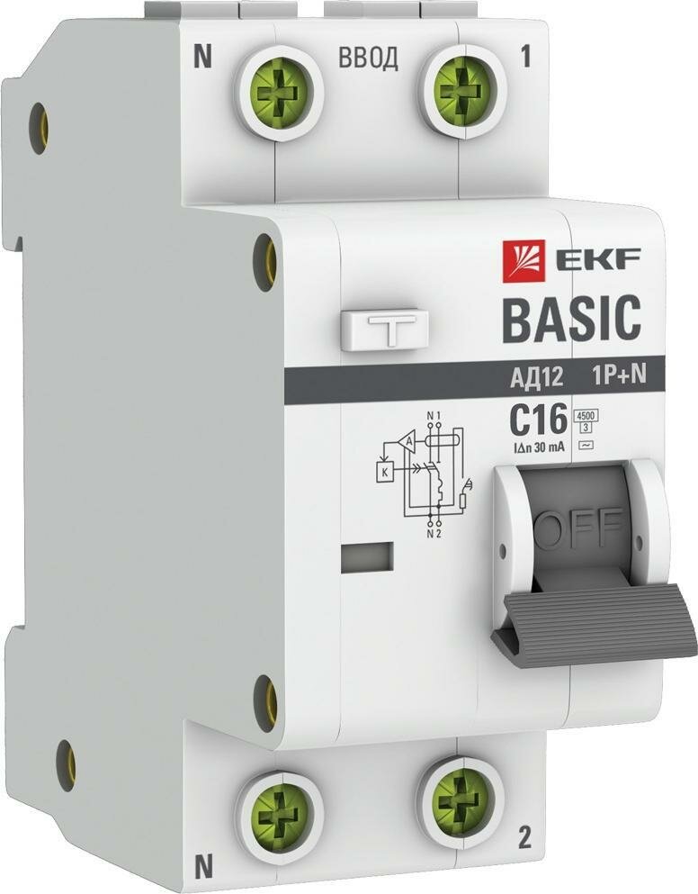 Дифференциальный автоматический выключатель EKF АД-12 Basic 2P 16А 30мА класс AC