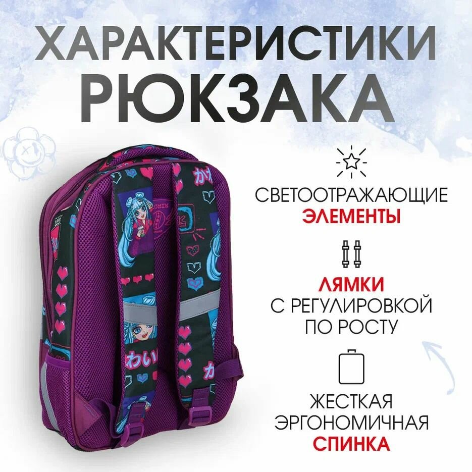 Рюкзак школьный для девочек, набор 3 в 1: портфель школьный, мешок для обуви, пенал, Аниме — фото 1