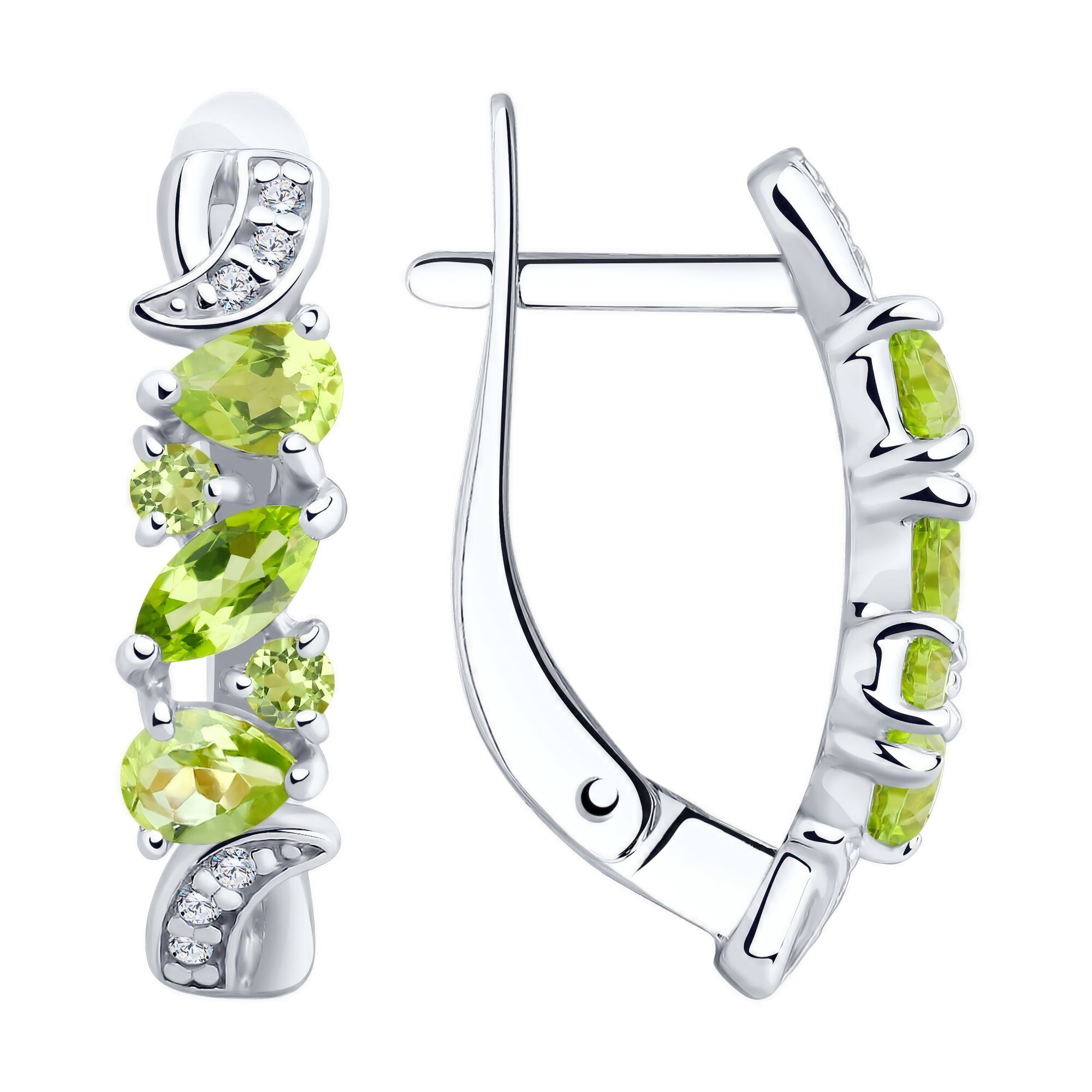 Серьги Diamant online, серебро, 925 проба, родирование, хризолит, фианит, длина 1.8 см, , темно-зеленый