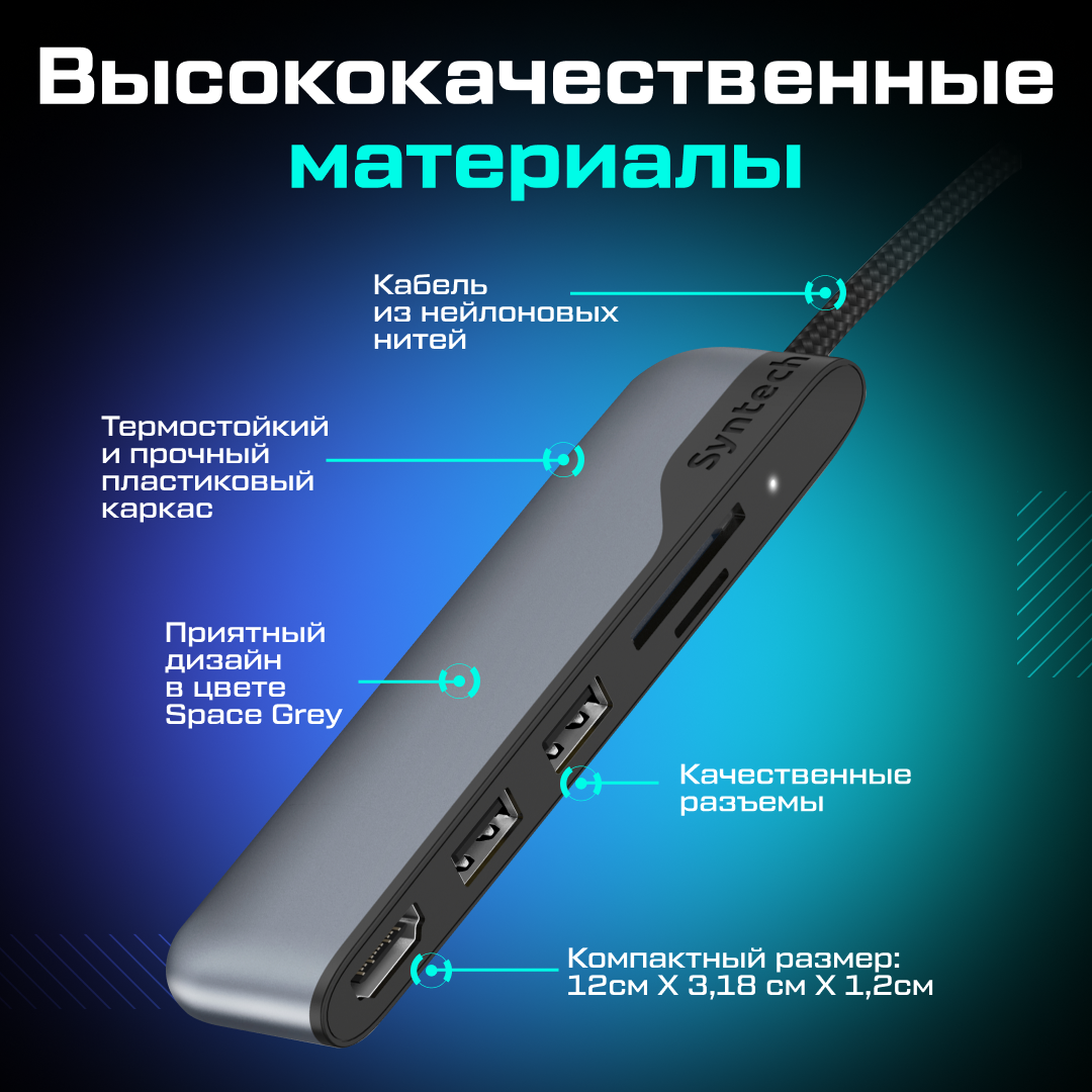 Адаптер Syntech 5-в-1 USB C на HDMI с картридером для SD и MicroSD карт — фото 1