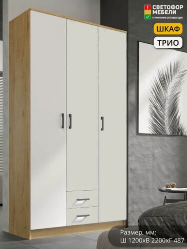 Изображение товара Шкаф распашной Мебельный рай Трио 1200х2200х487, Дуб вотан/Белый