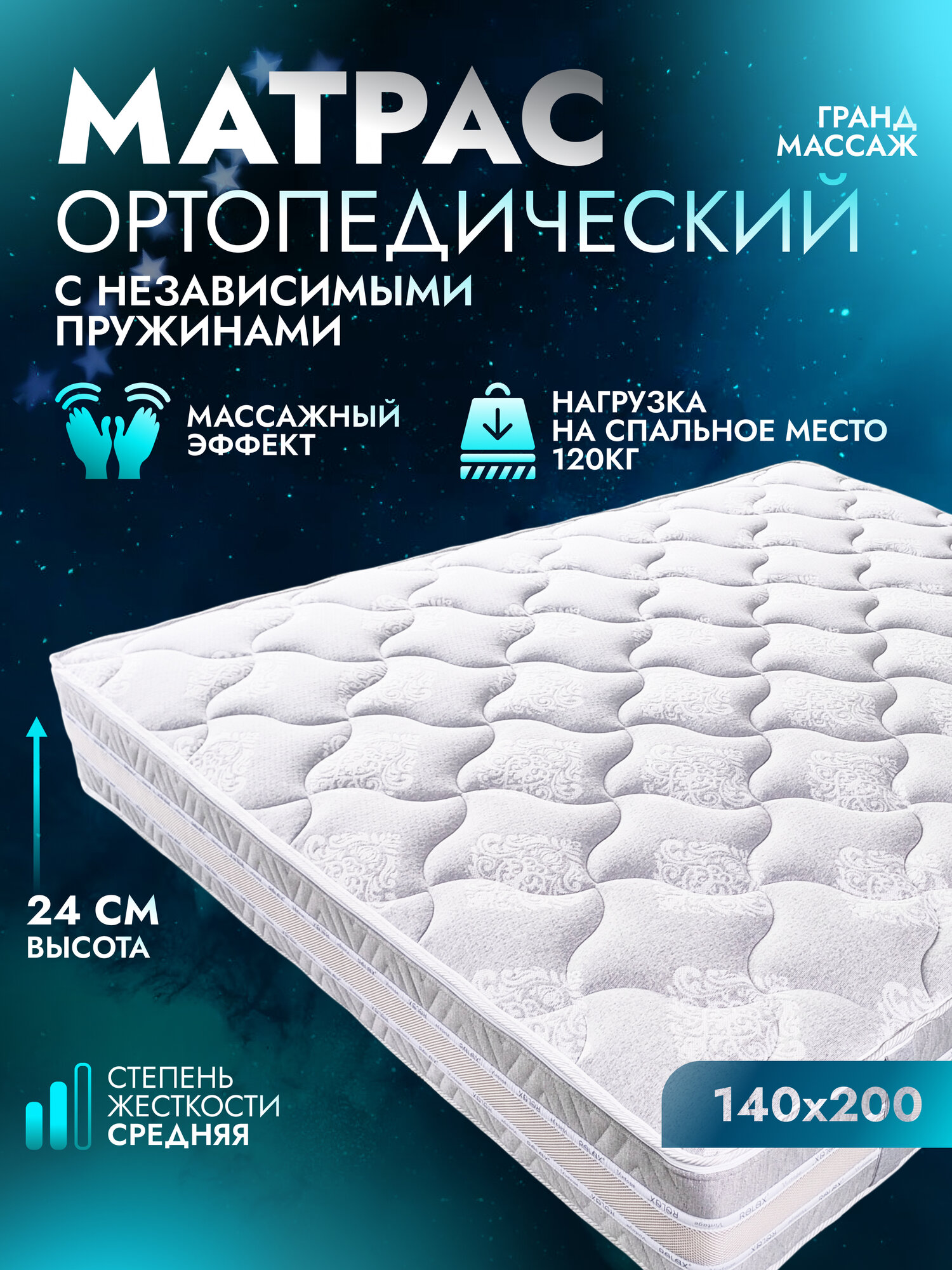 Матрас Релакс Гранд Массаж, ортопедический, 140х200х24 см, двусторонний, независимые пружины, средней жесткости
