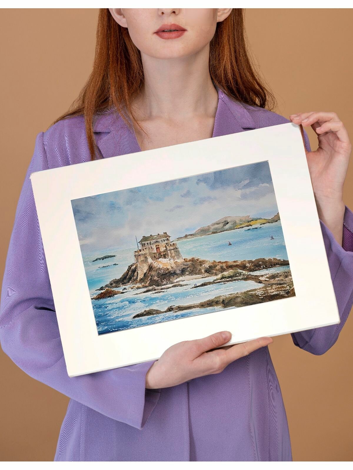 Картина авторская акварельная в паспарту 30х40 см на стену для интерьера "Сен-Мало. Франция"