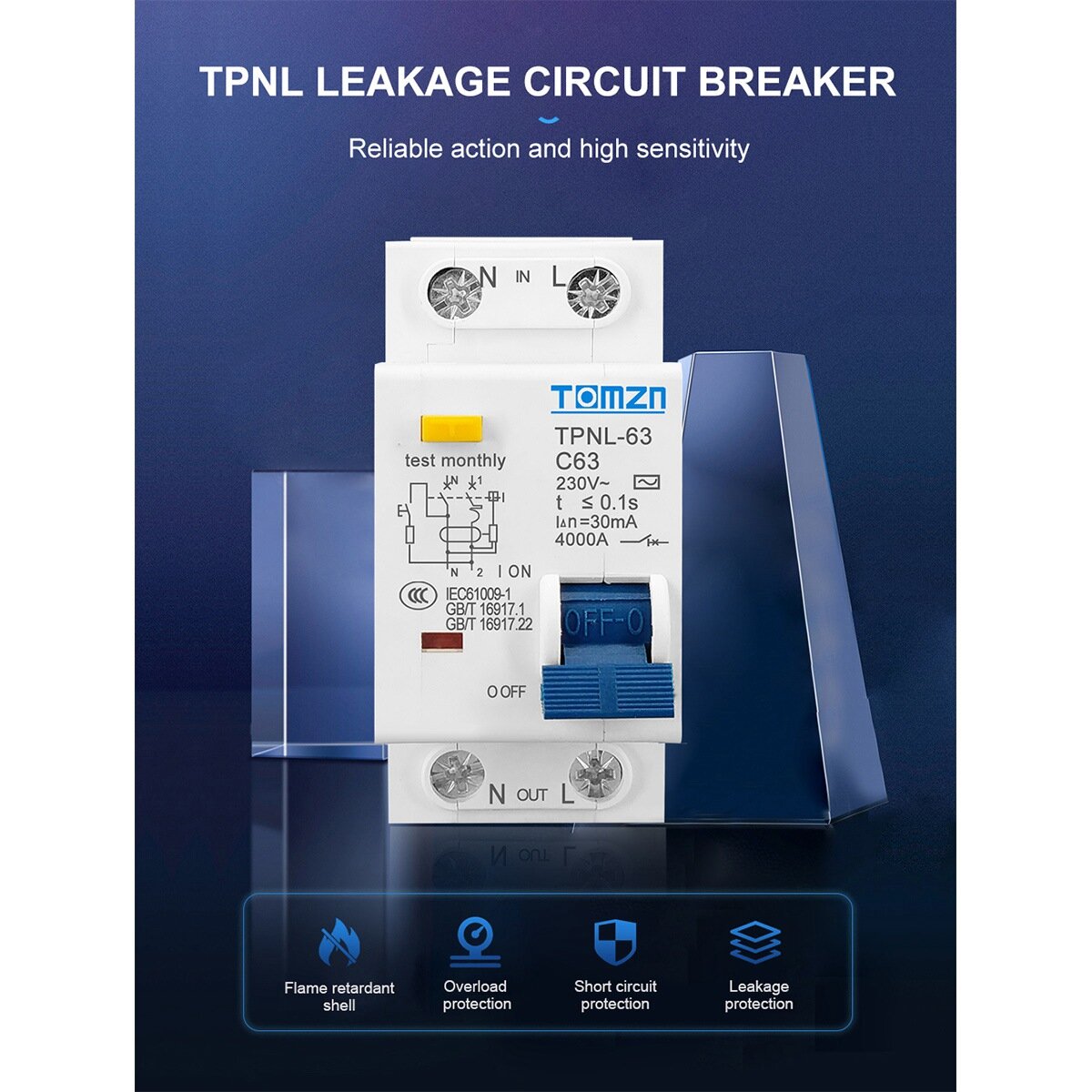 TOMZN TPNL DPNL 230V 1P+N УЗО с защитой от перегрузки и короткого замыкания RCBO MCB, TPNL 63A