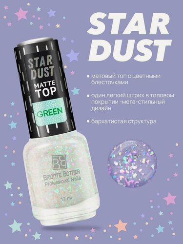 Изображение товара Brigitte Bottier топовое покрытие для ногтей STAR DUST MATTE TOP green 12мл