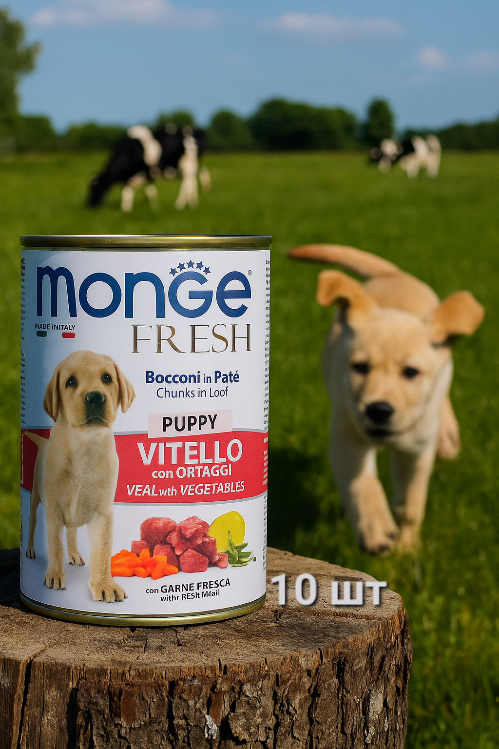 Влажный корм Monge Dog Fresh Chunks in Loaf консервы для щенков мясной рулет телятина с овощами 400г, 10 шт