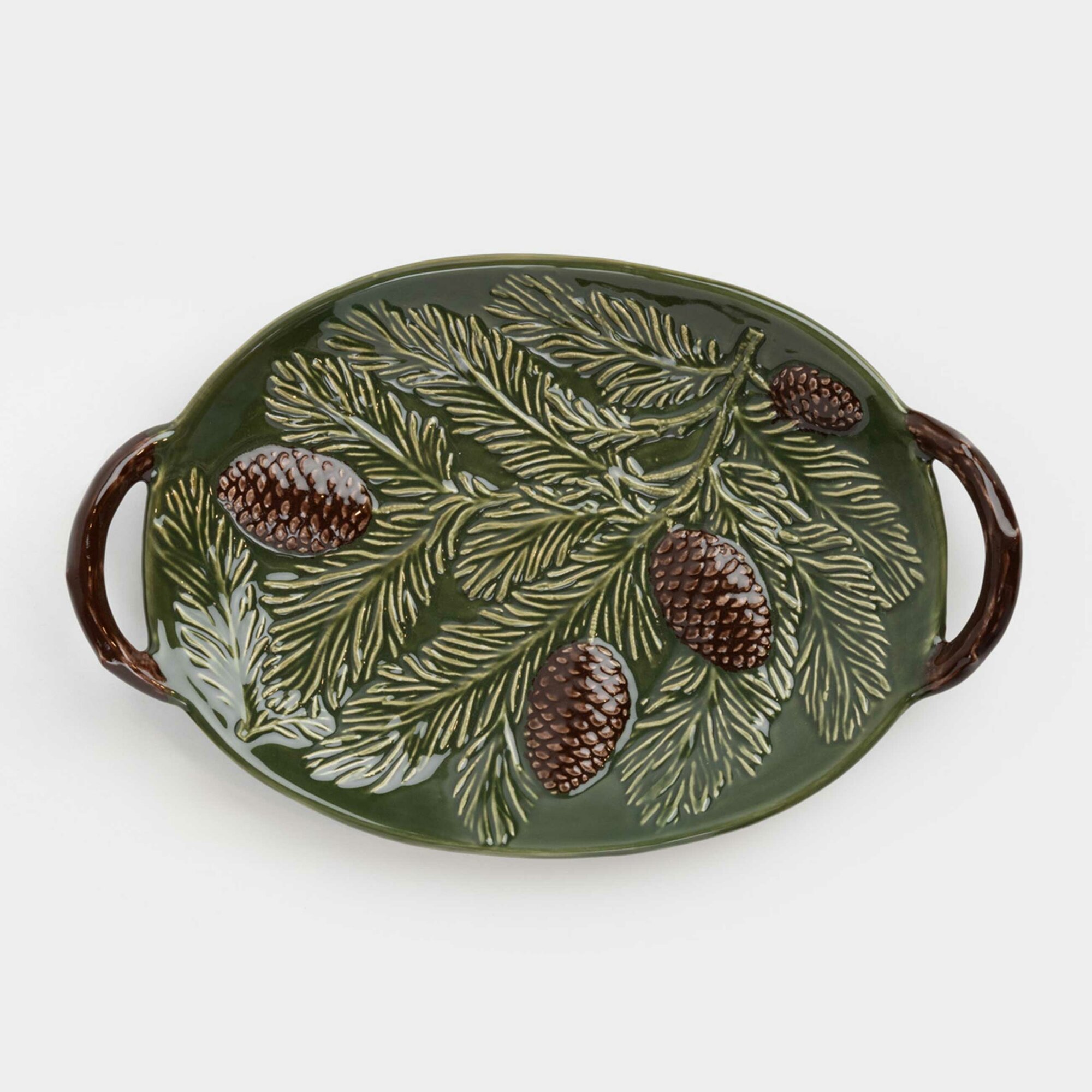 Блюдо  29х19х5 см  с ручками  керамика  зеленое  Шишки на еловых ветках  Forest whispers