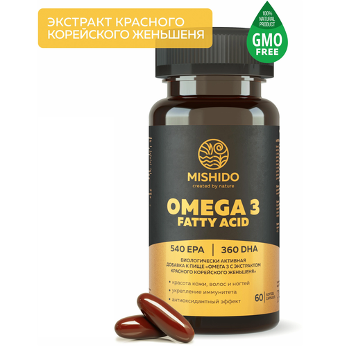 Омега 3 + красный корейский женьшень MISHIDO, 60 капсул рыбий жир 1000мг Omega 3