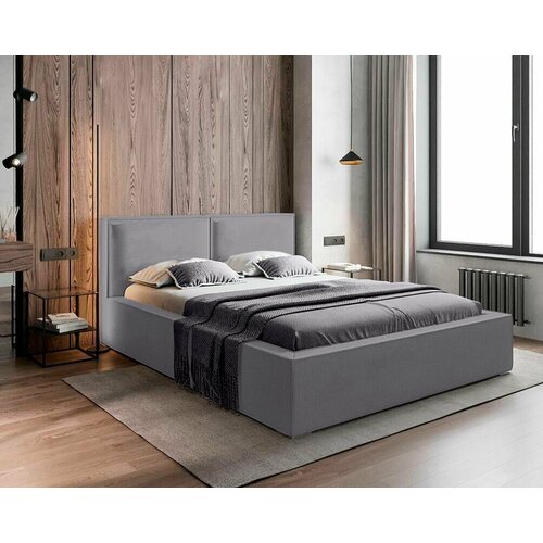 Двуспальная кровать 120x200, Lia, с мягким изголовьем, с ящиком, велюр, серый
