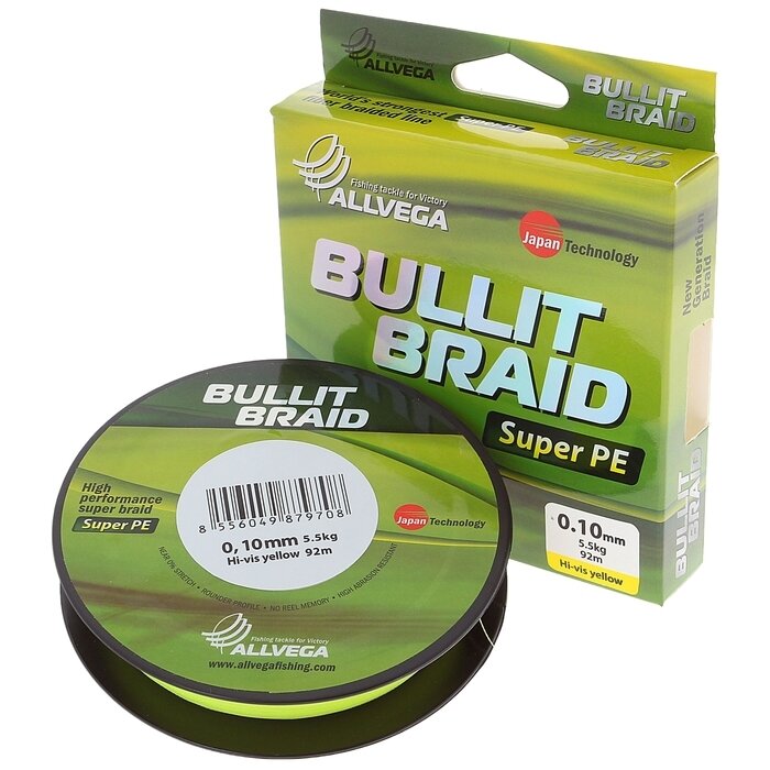 Плетеный шнур ALLVEGA BULLIT BRAID d=0.1 мм, 92 м, 5.5 кг, hi-vis yellow, 1 шт.