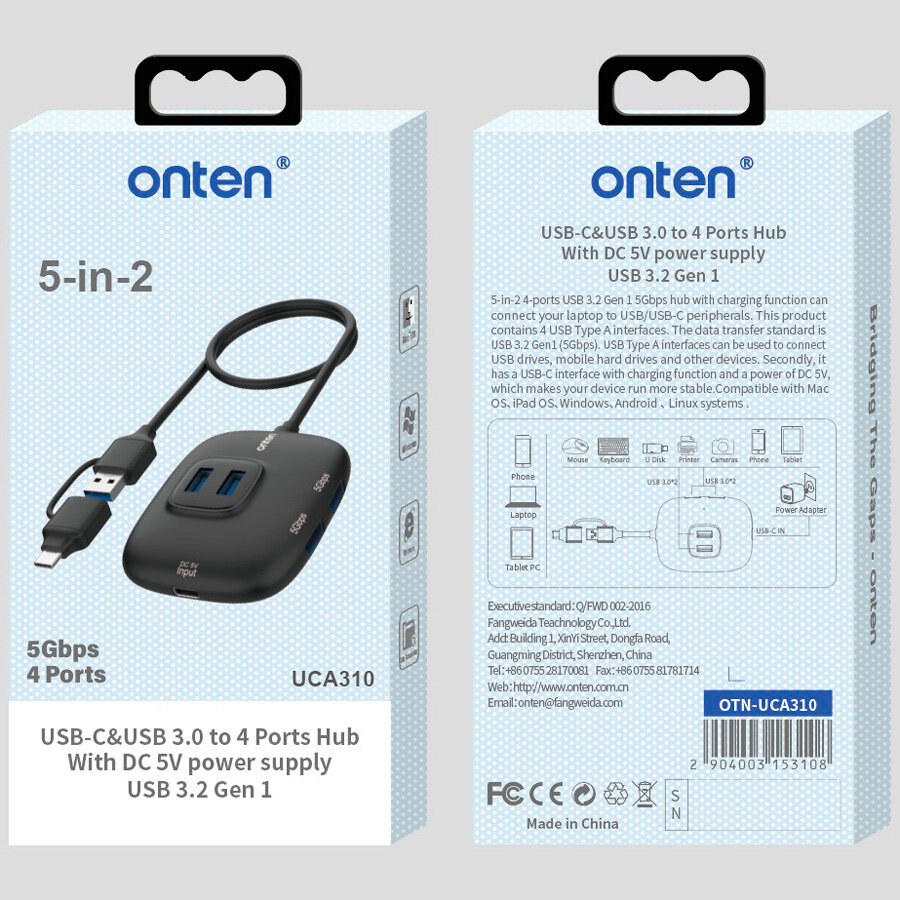 USB 3.1 + Type-C разветвитель хаб Onten на 4 выхода 4xUSB 3.0 для ноутбука, Macbook, ПК, смартфона — фото 6