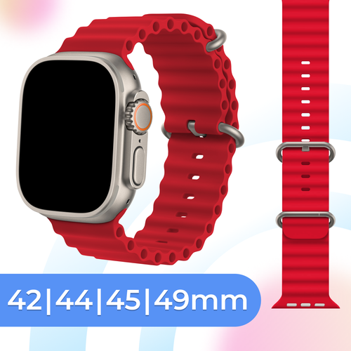Силиконовый ремешок для смарт часов Apple Watch SE Ultra 42-44-45-49 mm / Cпортивный браслет для умных часов Эпл Вотч 1-9, СЕ (Ocean Band), Красный ремешок блочный керамика для apple watch универсальный ceramic watch band керамический серебро