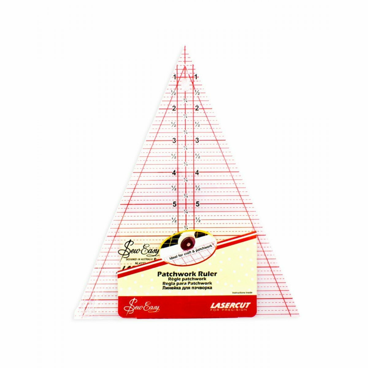 Линейка-треугольник с углом 45*, градация в дюймах, размер 8 1/2 x 7 21,59 х 17,78 см прозрачный с красно-черной разметкой HEMLINE NL4157