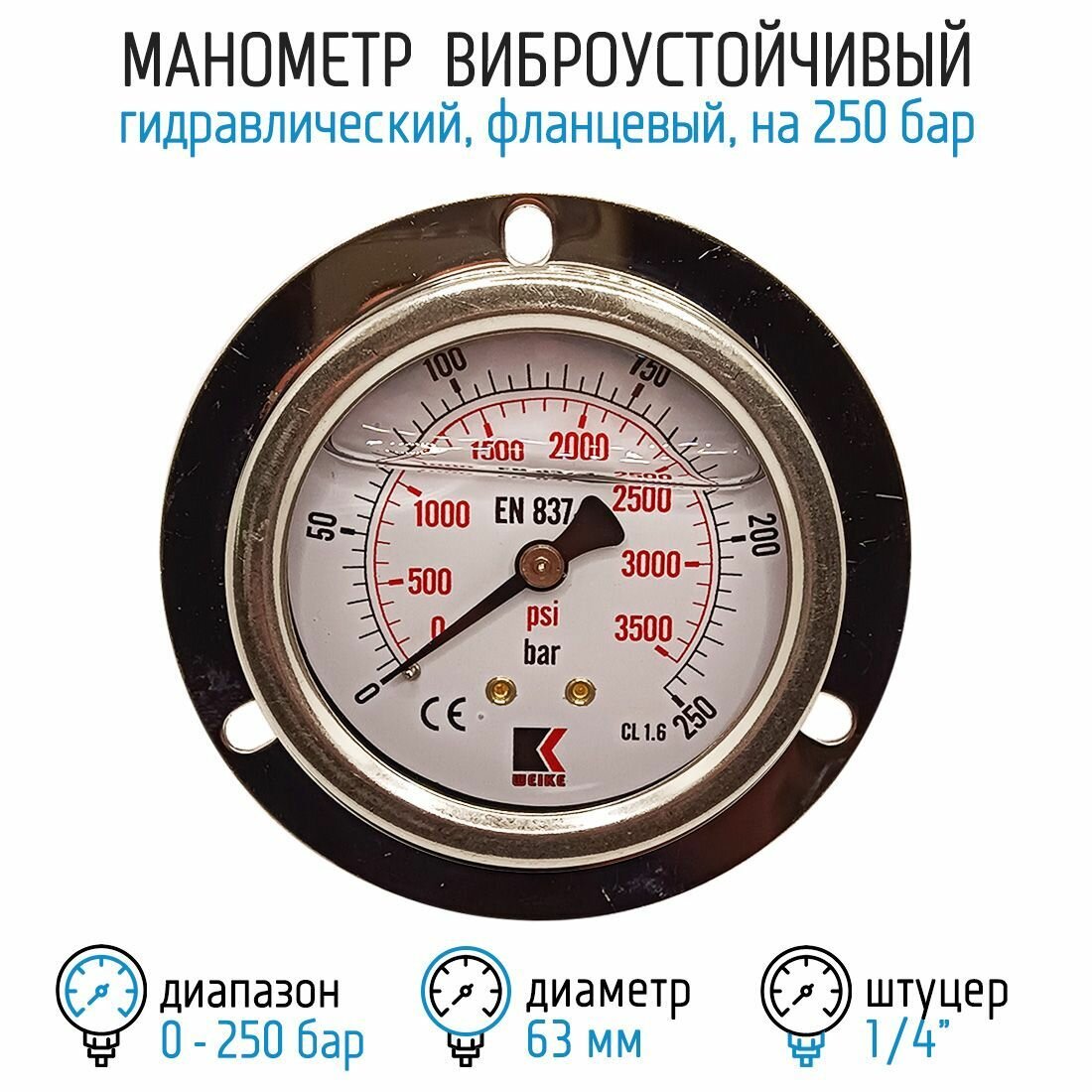 фото Манометр гидравлический фланцевый WKP1007 на 250 бар, 63 мм, G 1/4" виброустойчивый - глицериновый