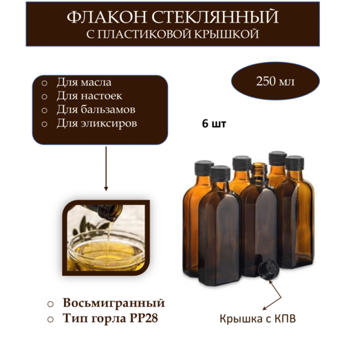 Флакон 250 мл восьмигранный в комплекте с пластиковой крышкой с запорным конусом. Набор 6 штук. флакон 250 мл стеклянный с пластиковой крышкой набор 6 штук