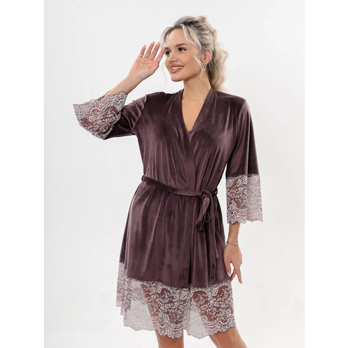 женский халат с кружевом на запах цвет пудры размер 46 Халат Текстильный Край, размер 52, фиолетовый