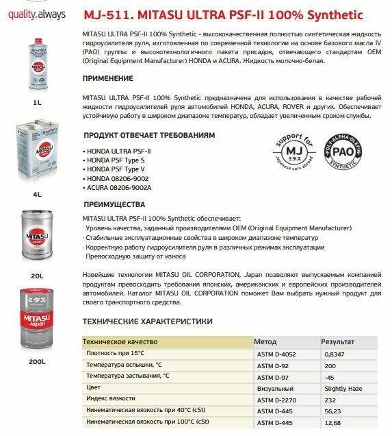 Масло гидроусилителя руля MITASU ULTRA PSF-II 100% Synthetic
