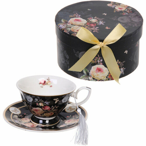 Чайная пара керамическая «Грация» (кружка 220мл+блюдце) в подарочной коробке, черная