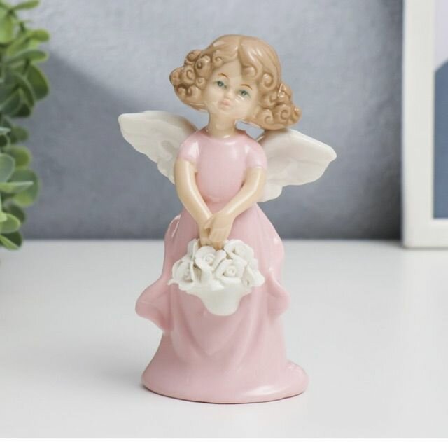фото Статуэтка Девочка ангел с корзинкой белых роз, 14 см, цвет розовый
