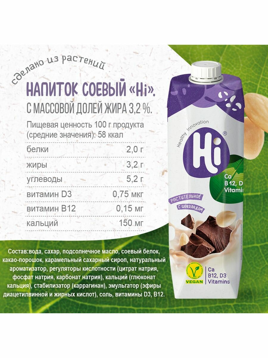 Молоко растительное шоколадное и банановое Hi!, 2 упаковки. - фотография № 3