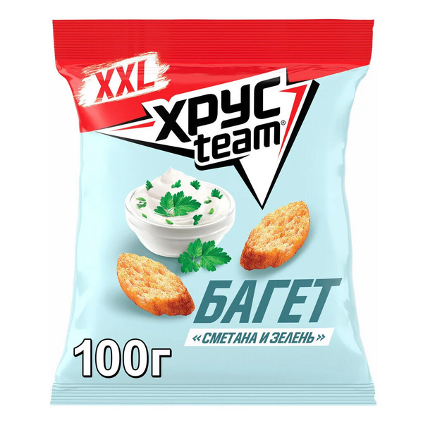Сухарики ХрусTeam XL "Багет", пшеничные, сметана-зелень, 100г
