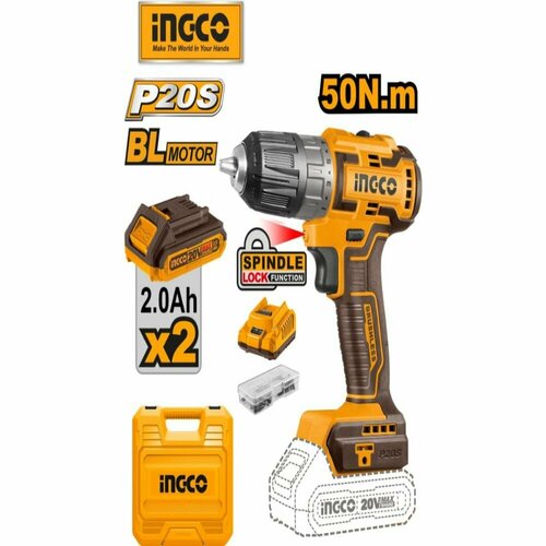 Шуруповерт INGCO CDLI20508 бесщеточный Li-lon 20 В 2 Ач 50 Нм 2 акб кейс 1637600₽