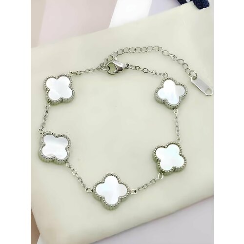 фото Браслет-цепочка royal jasmine клевер, искусственный камень, 1 шт., размер 24 см, размер one size, белый, серебряный