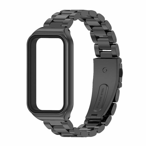 Сменный, стальной ремешок-браслет MyPads Inox Clip для умных смарт-часов Amazfit Band 7 из нержавеющей стали, с раскладным замком черный