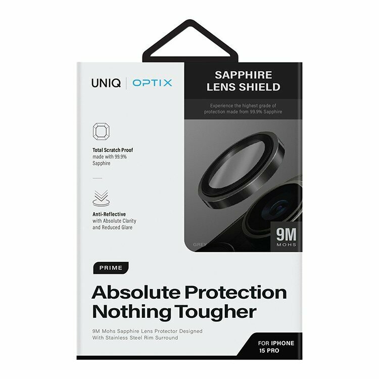 Uniq стекло сапфировое на камеру для iPhone 15 Pro OPTIX Camera Sapphire Lens Stainless steel Grey