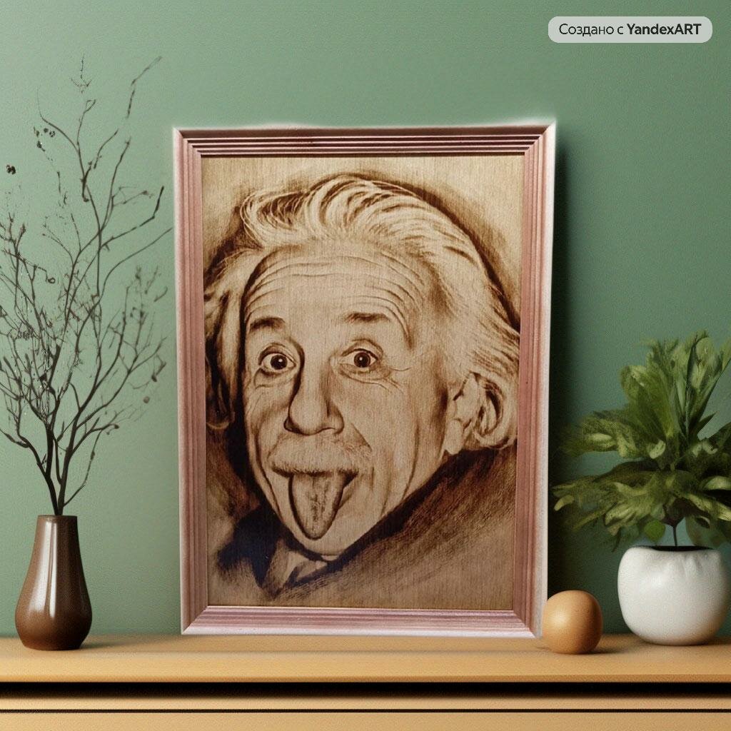 Альберт Эйнштейн, выжженный на древесине