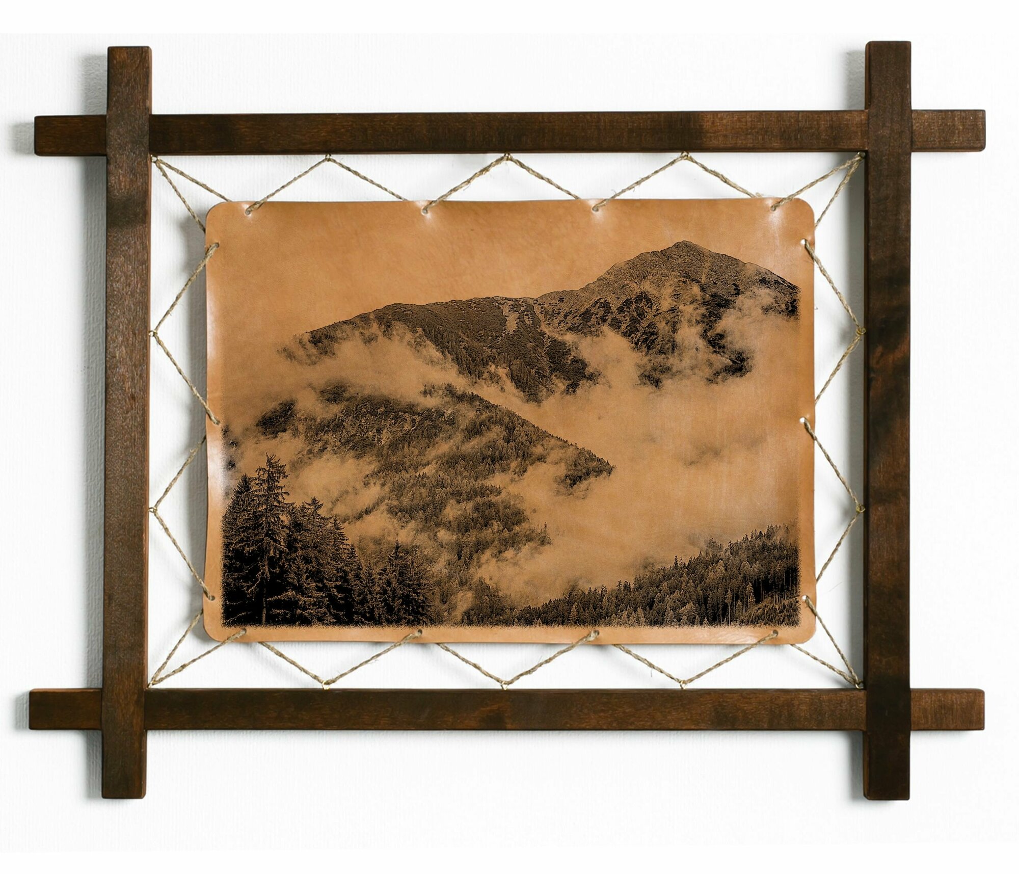 Картина Горы в тумане, гравировка на натуральной коже, интерьерная для украшения и декора на стену в деревянной раме, подарок, BoomGift