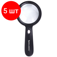 Комплект 5 шт, Лупа просмотровая с led-подсветкой, диаметр 90 мм, увеличение 10, корпус черный, BRAUBERG, 455928