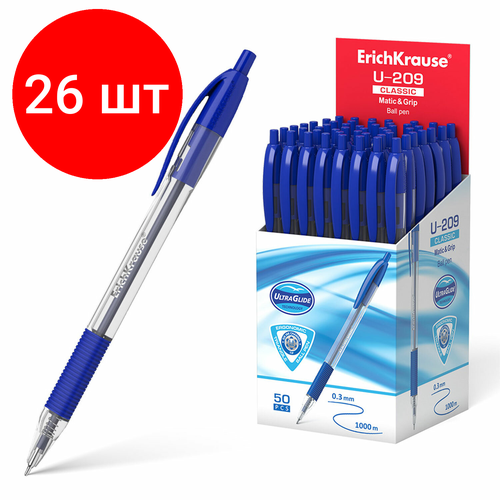 Комплект 26 шт, Ручка шариковая масляная автоматическая с грипом ERICH KRAUSE U-209 Classic, синяя, узел 1.0 мм, линия письма 0.3 мм, 47578