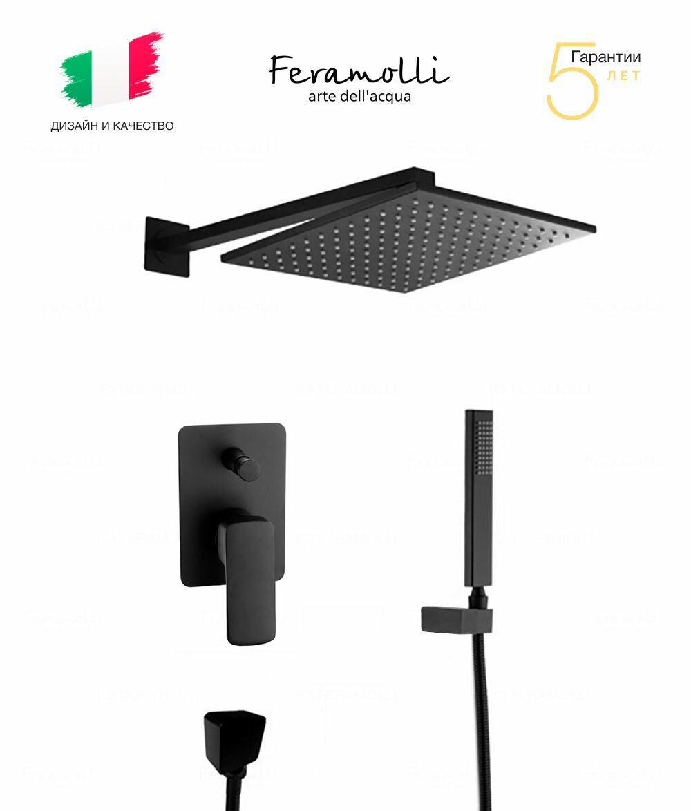 фото Душевой комплект встраиваемый с тропическим душем Feramolli BL709-12 (30см.), черный матовый