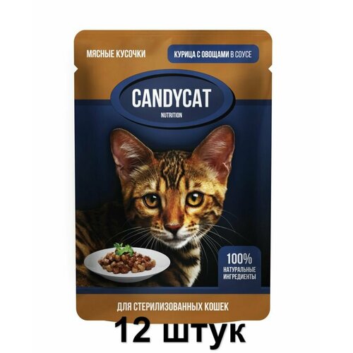 CandyCat Пауч для стерилизованных кошек, кусочки Курицы с овощами в соусе, 85 г, 12 шт