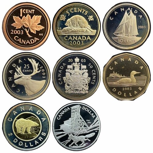 Канада, набор монет 1, 5, 10, 25, 50 центов, 1, 2, доллара Proof Set of Canadian Coinage 2003 г. 1990 2 монеты 1$ и 25 центов набор монет австралия 1990 год медовый доллар и дамп буклет